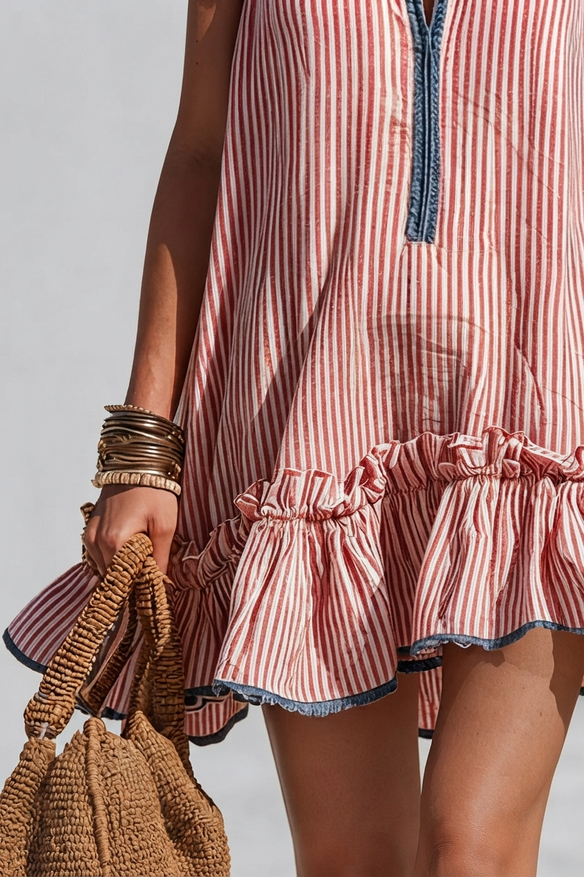 Volandas | Mini vestido de rayas sin mangas con volantes y escote redondo