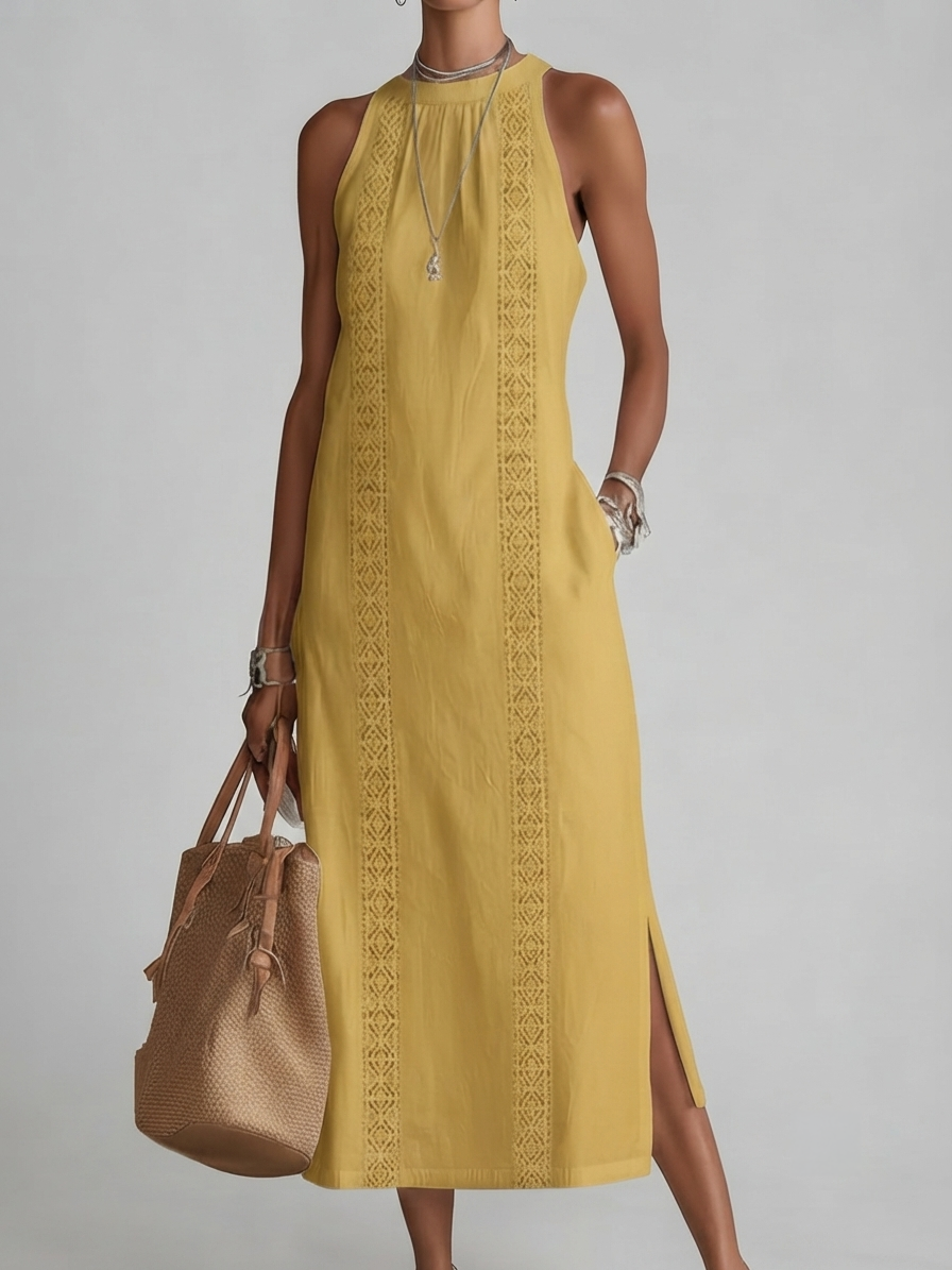 Alessandra | Vestido midi sin mangas blanco con detalles bordados y bolsillos laterales