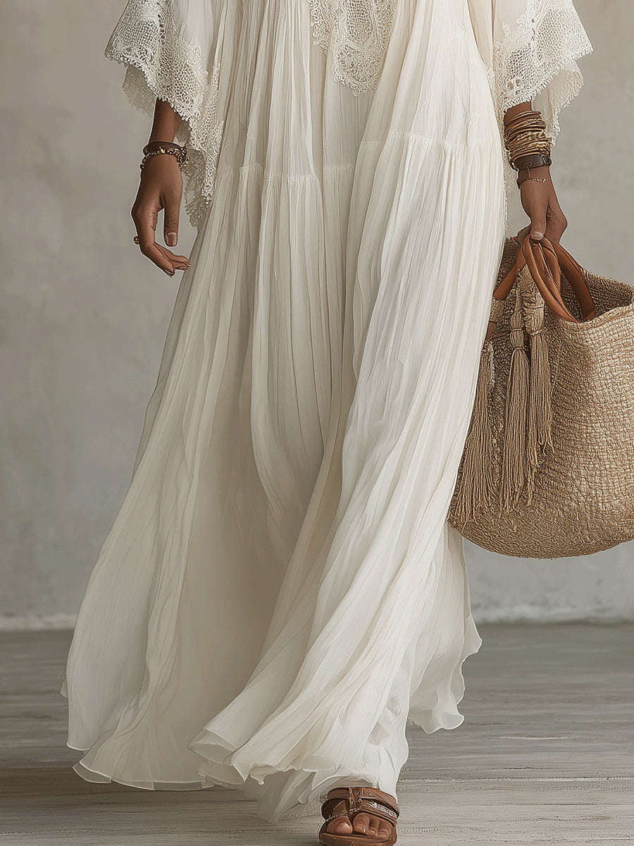 Celeste | Vestido largo de chiffon marfil con mangas de murciélago y encaje blanco