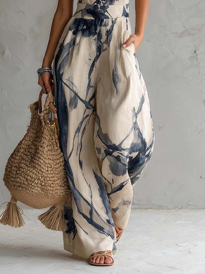Lila | Mono holgado y fluido de tirantes con estampado artístico efecto tinta y bolsillos