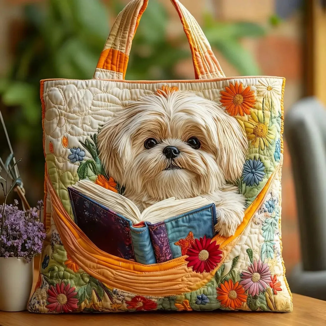 Bolsa Artesanal | Shih Tzu con Libros y Flores