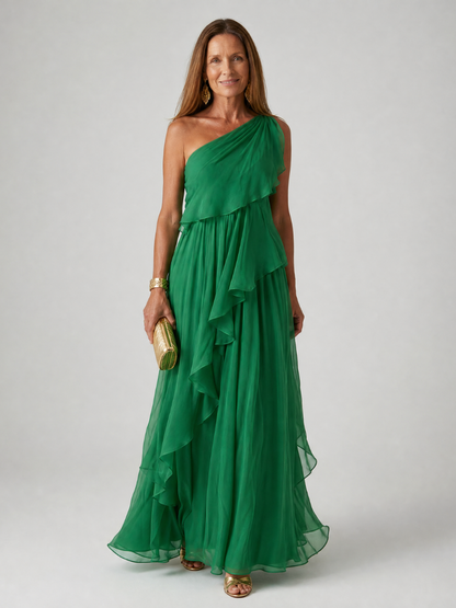 Sevilla | Vestido verde de un solo hombro con volantes en cascada