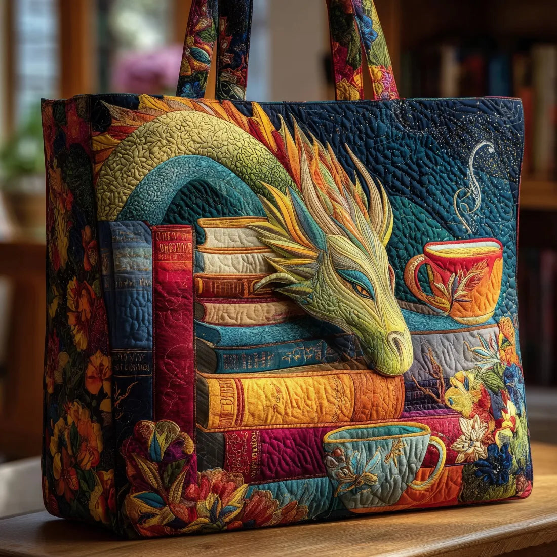 Bolsa Artesanal | Dragón Lector de Libros y Tazas