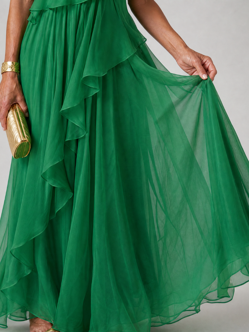 Sevilla | Vestido verde de un solo hombro con volantes en cascada