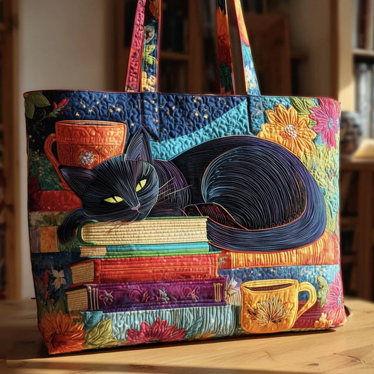 Bolso Artesanal | Gato Negro con Libros y Tazas