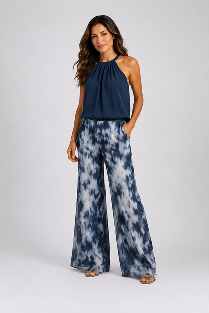 Marta | Conjunto de dos piezas de cuello halter sin mangas y pantalones anchos de chifón estampado