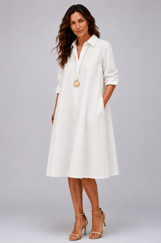 Sara | Vestido camisero midi blanco de corte en A con cuello clásico y bolsillos laterales