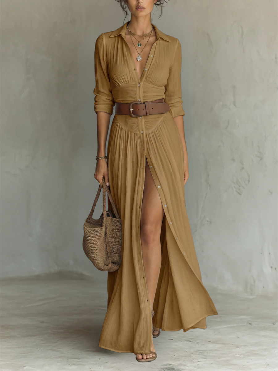 Altea | Vestido largo tipo chemisier con abertura y cinturón