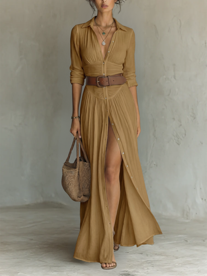 Altea | Vestido largo tipo chemisier con abertura y cinturón