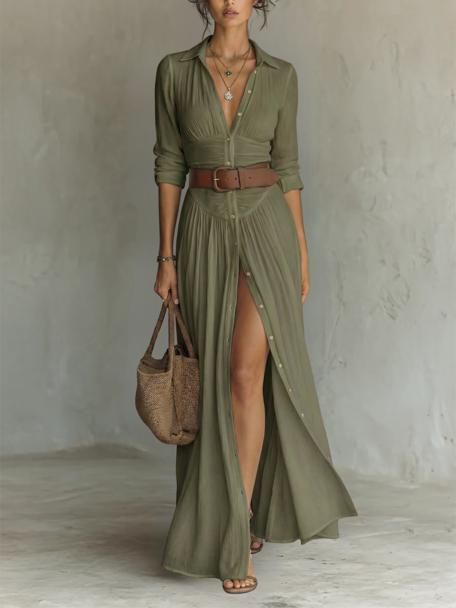 Altea | Vestido largo tipo chemisier con abertura y cinturón