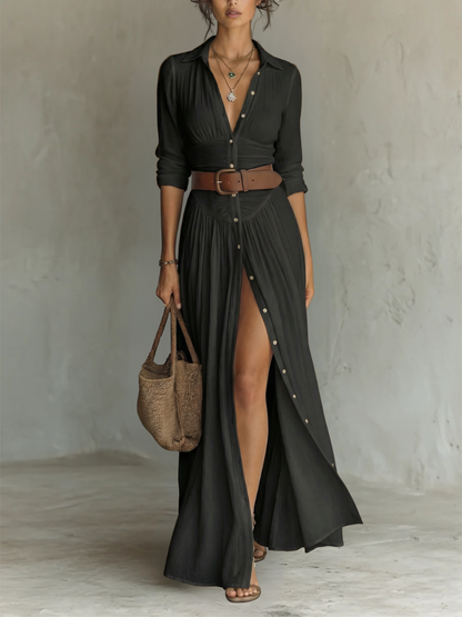 Altea | Vestido largo tipo chemisier con abertura y cinturón