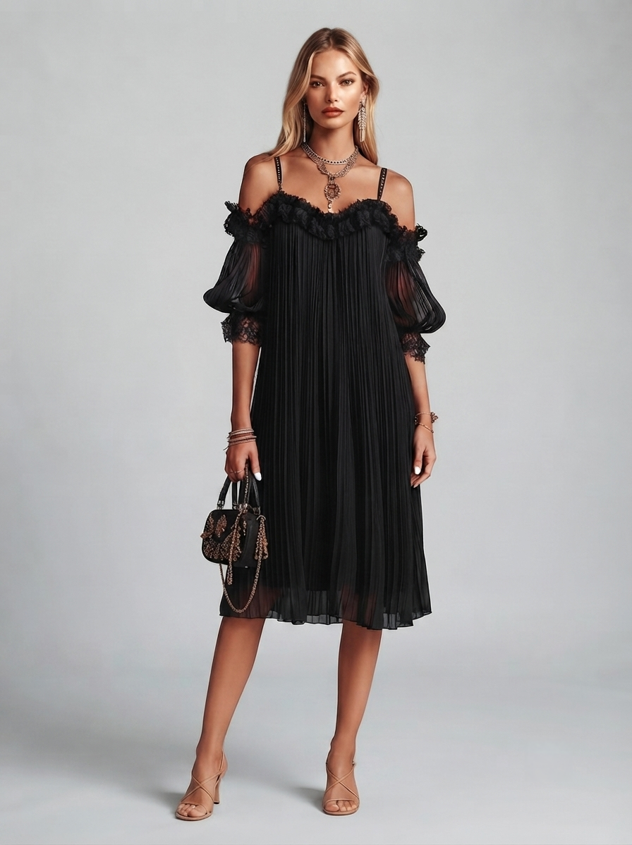 Victoria | Mini vestido negro de muselina con hombros descubiertos y bordes de encaje