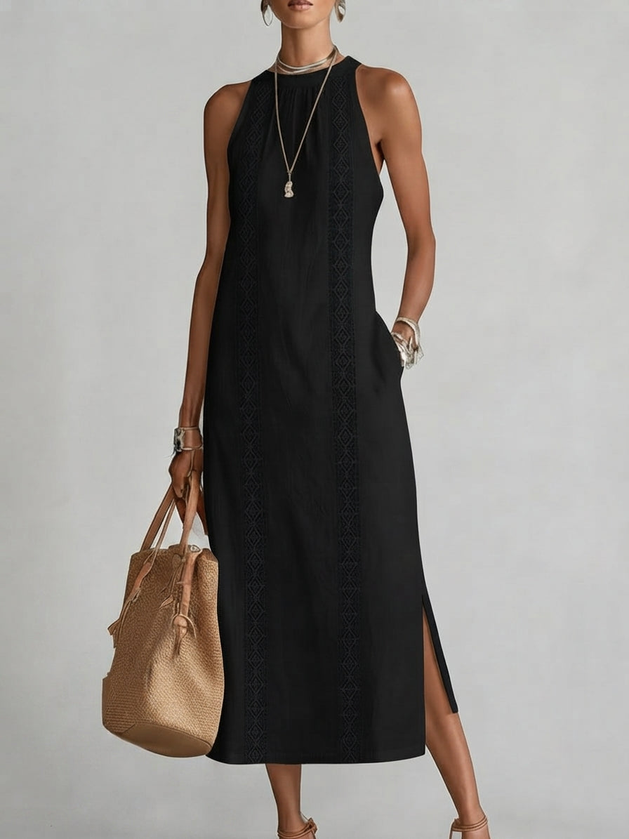 Alessandra | Vestido midi sin mangas blanco con detalles bordados y bolsillos laterales