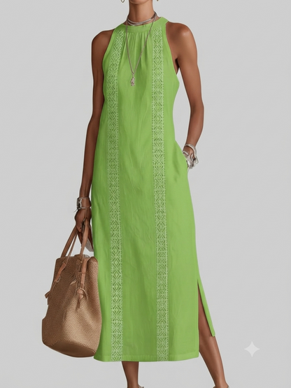 Alessandra | Vestido midi sin mangas blanco con detalles bordados y bolsillos laterales