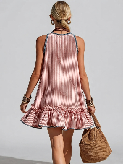 Volandas | Mini vestido de rayas sin mangas con volantes y escote redondo