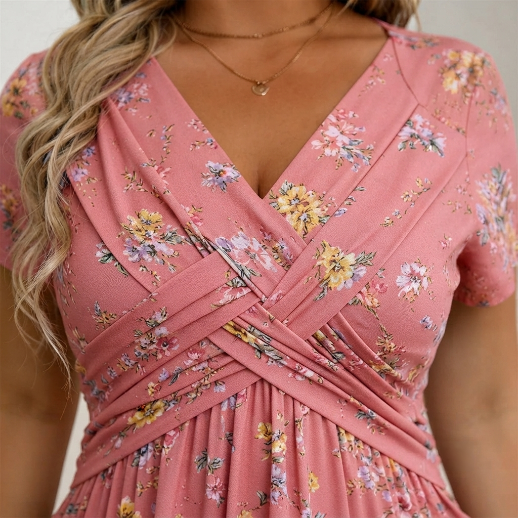 Santander | Vestido floral con escote en V y detalle de torsión en la cintura elegante.
