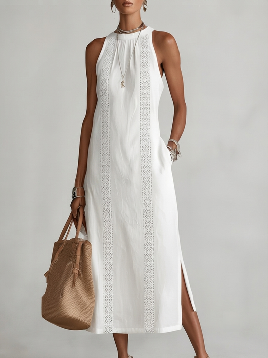Alessandra | Vestido midi sin mangas blanco con detalles bordados y bolsillos laterales