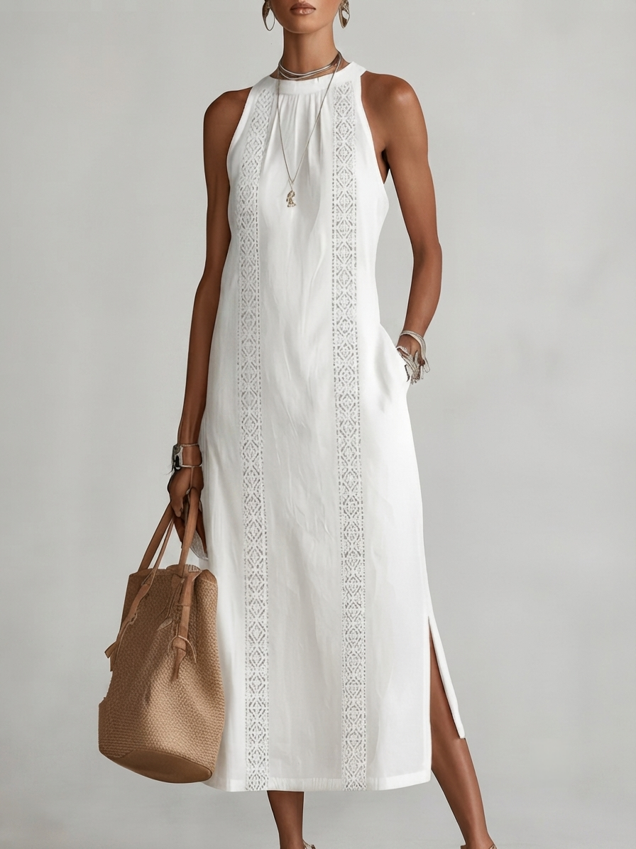 Alessandra | Vestido midi sin mangas blanco con detalles bordados y bolsillos laterales