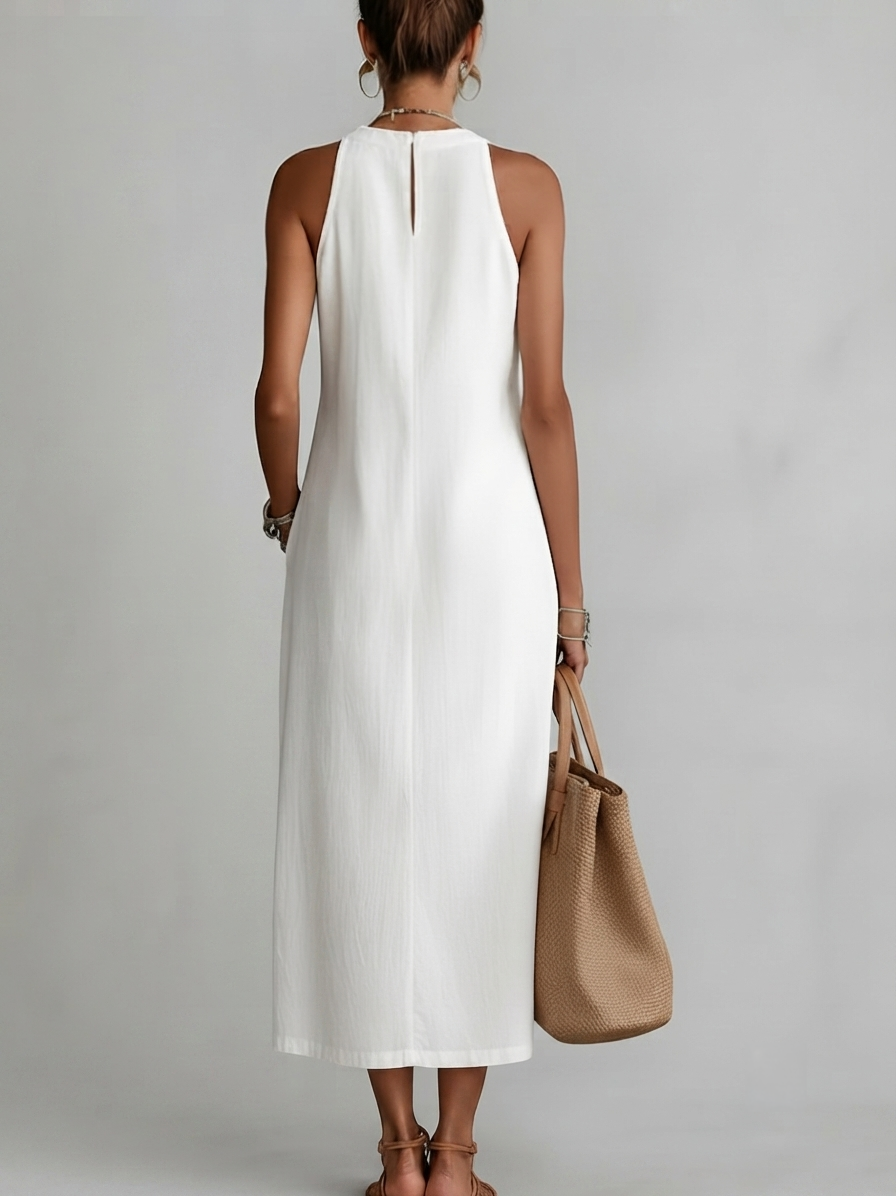 Alessandra | Vestido midi sin mangas blanco con detalles bordados y bolsillos laterales