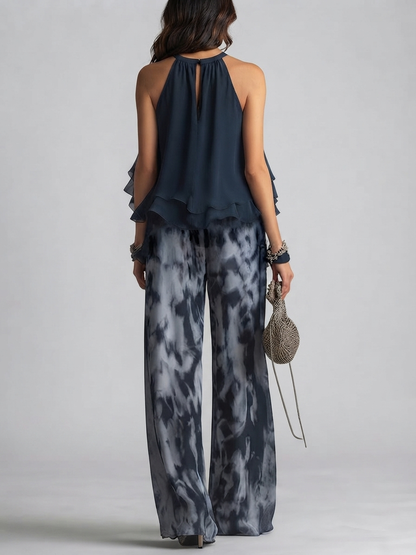 Marta | Conjunto de dos piezas de cuello halter sin mangas y pantalones anchos de chifón estampado
