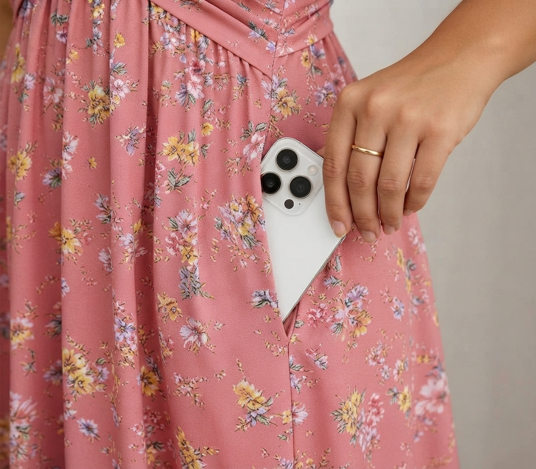 Santander | Vestido floral con escote en V y detalle de torsión en la cintura elegante.