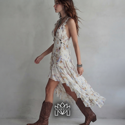 Lisboa | Vestido mini retro con flores, escote en V y finos tirantes