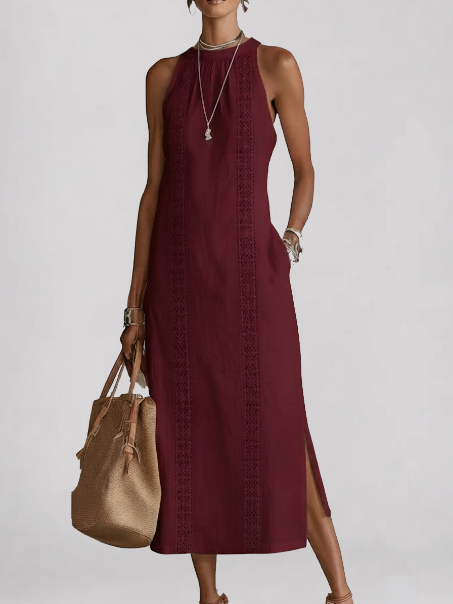Alessandra | Vestido midi sin mangas blanco con detalles bordados y bolsillos laterales