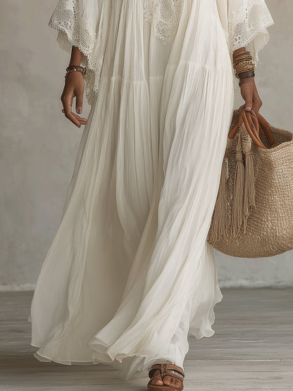 Celeste | Vestido largo de chiffon marfil con mangas de murciélago y encaje blanco