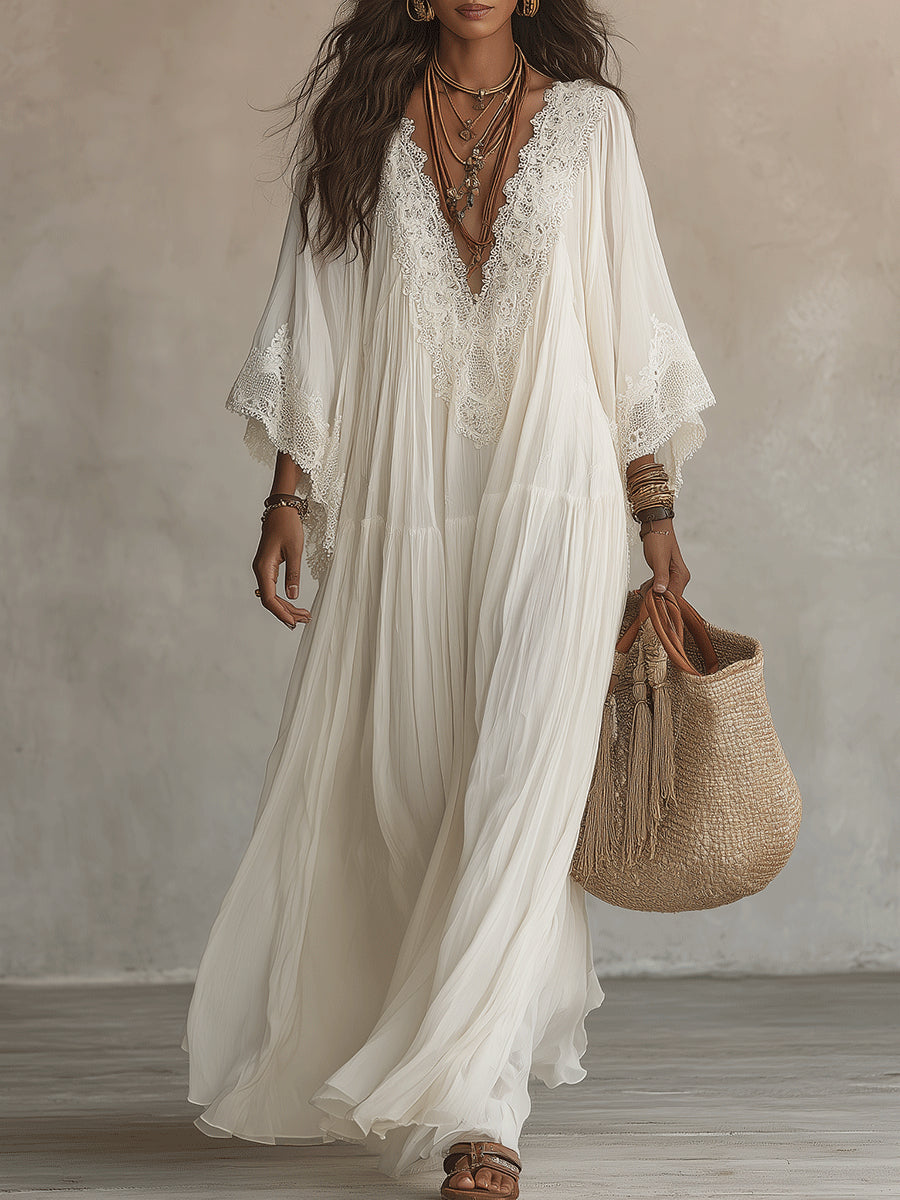 Celeste | Vestido largo de chiffon marfil con mangas de murciélago y encaje blanco