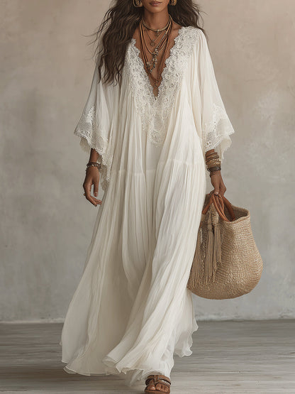 Celeste | Vestido largo de chiffon marfil con mangas de murciélago y encaje blanco