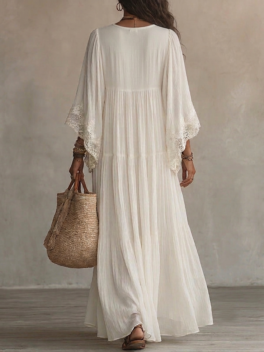 Celeste | Vestido largo de chiffon marfil con mangas de murciélago y encaje blanco