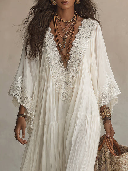 Celeste | Vestido largo de chiffon marfil con mangas de murciélago y encaje blanco