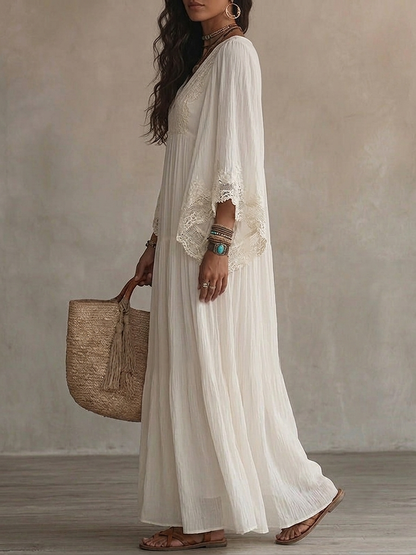 Celeste | Vestido largo de chiffon marfil con mangas de murciélago y encaje blanco