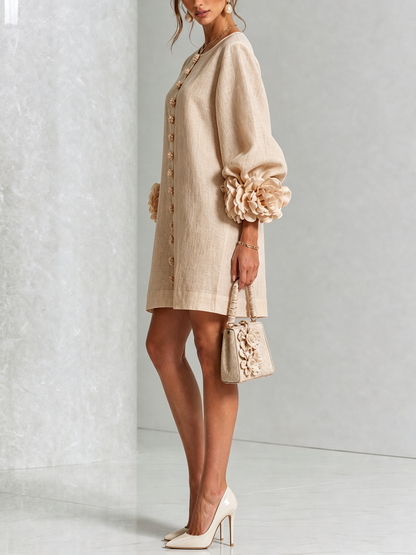 Ambra | Vestido Mini en Mezcla de Lino con Puños en Rosa, Beige