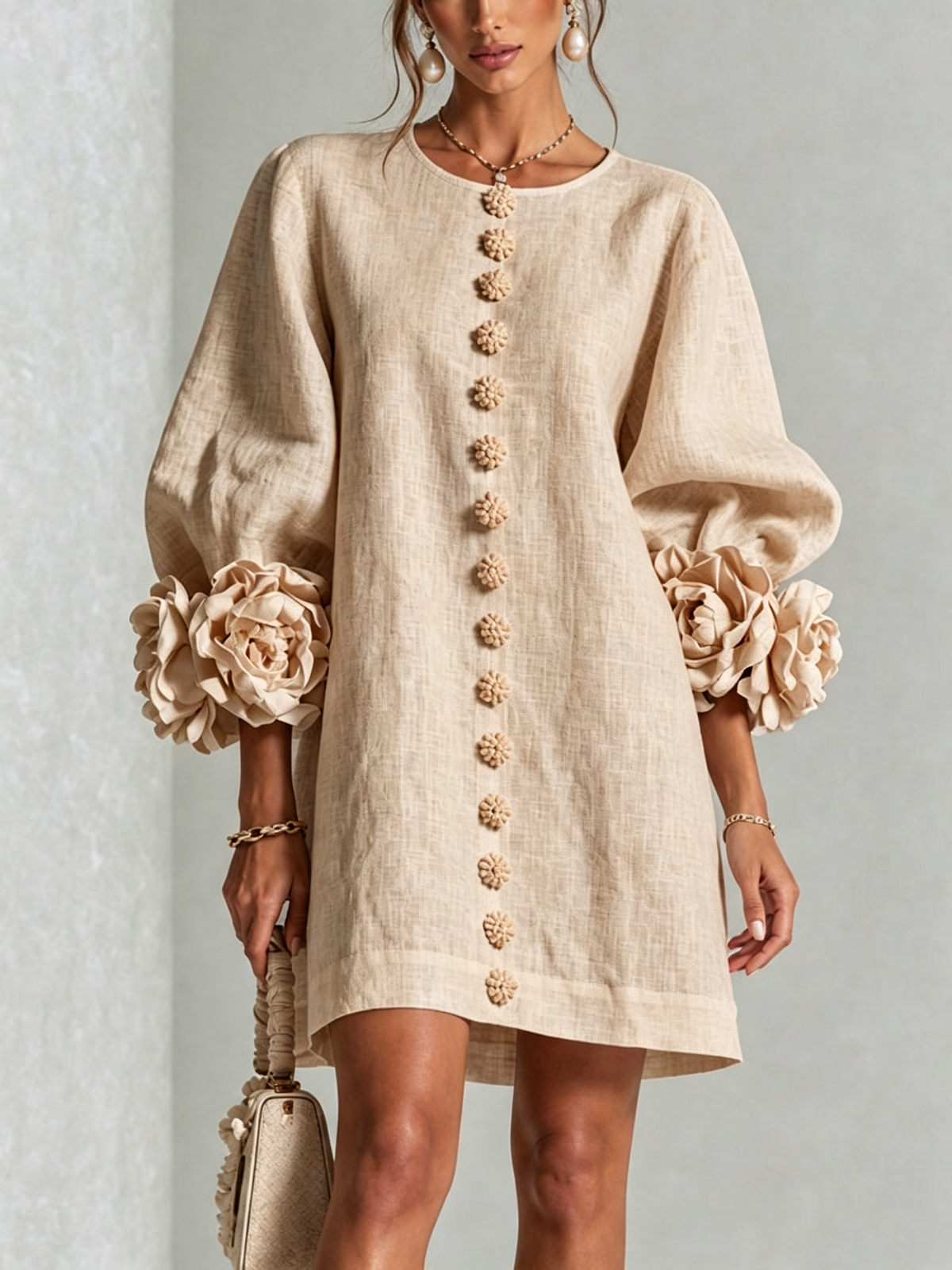 Ambra | Vestido Mini en Mezcla de Lino con Puños en Rosa, Beige