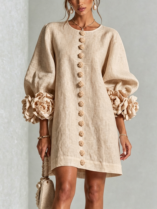 Ambra | Vestido Mini en Mezcla de Lino con Puños en Rosa, Beige