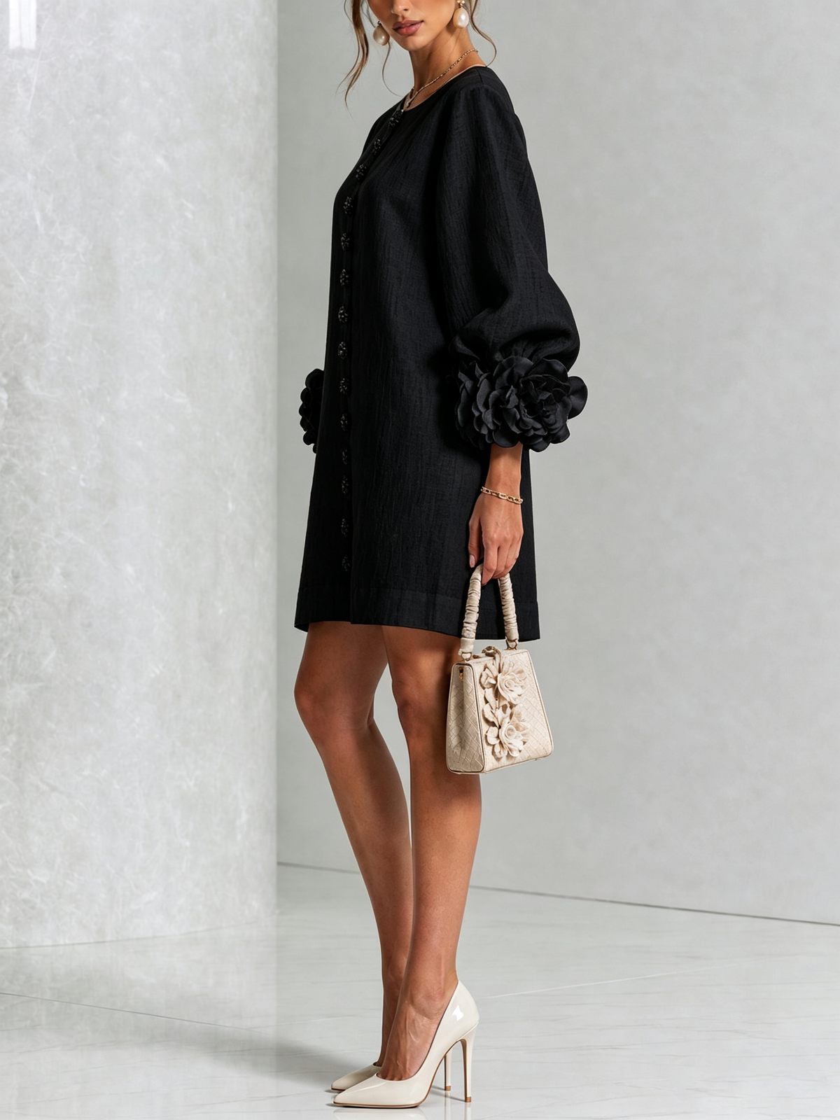 Cecilia | Vestido Mini en Mezcla de Lino con Puños Rosa, Negro