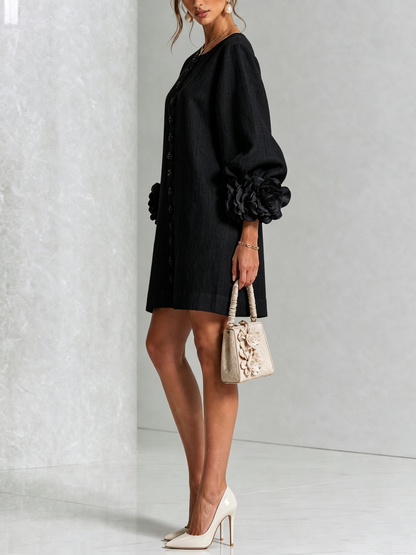 Cecilia | Vestido Mini en Mezcla de Lino con Puños Rosa, Negro