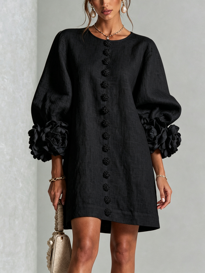 Cecilia | Vestido Mini en Mezcla de Lino con Puños Rosa, Negro