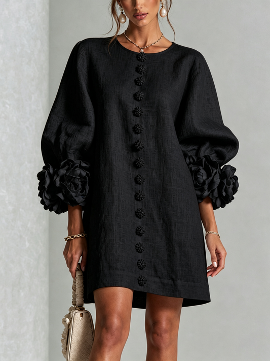 Cecilia | Vestido Mini en Mezcla de Lino con Puños Rosa, Negro