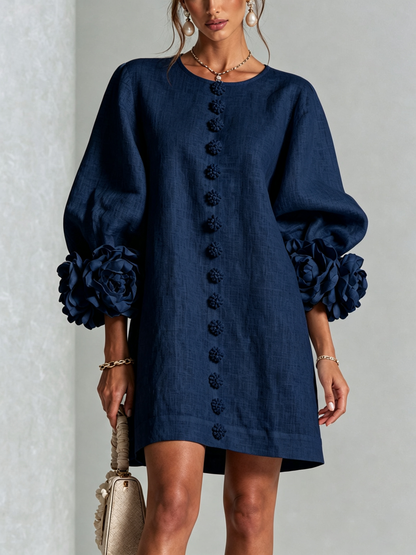 Marina | Vestido Mini en Mezcla de Lino con Puños de Rosa, Azul Marino