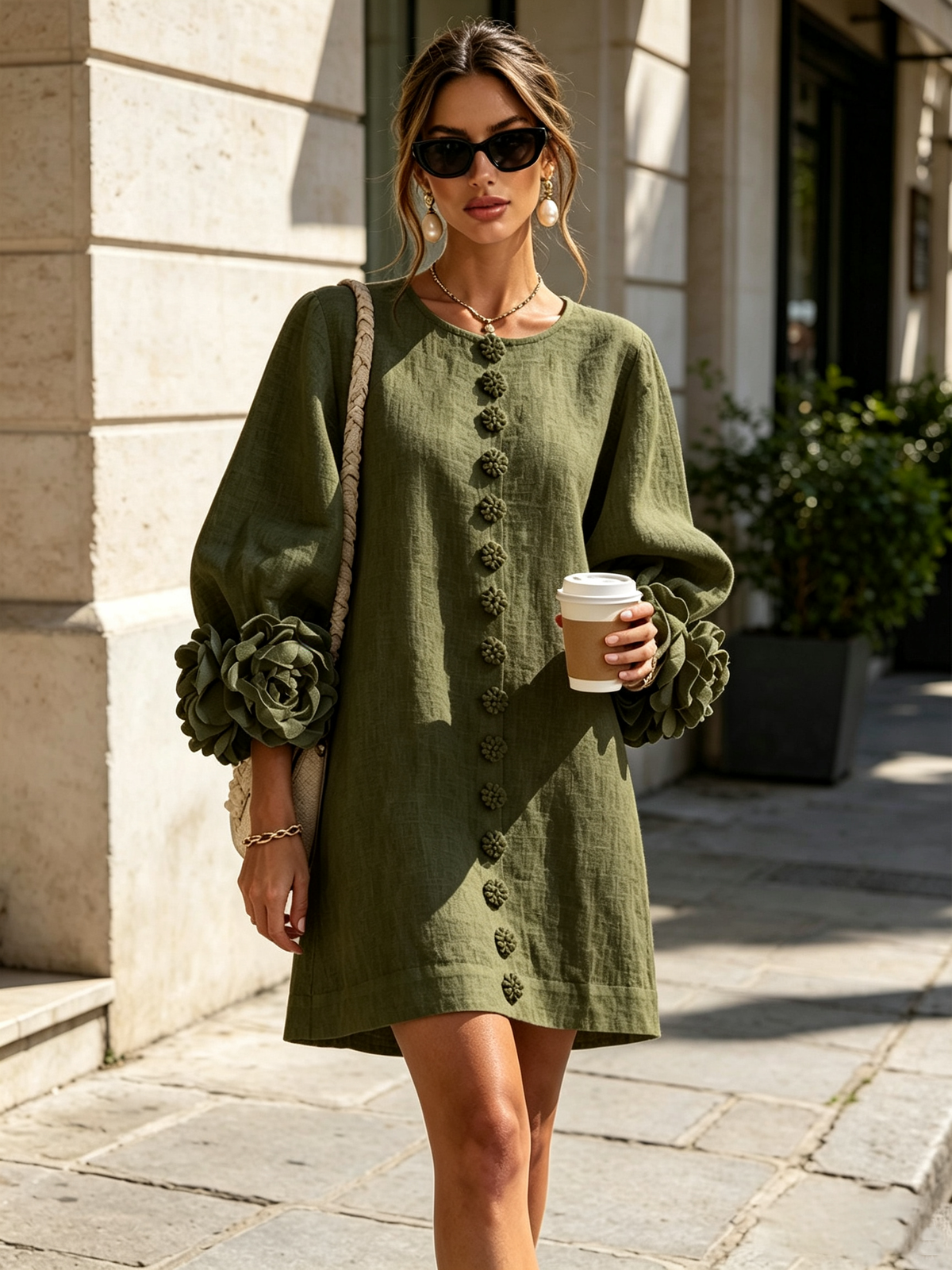 Gaia | Vestido Mini de Mezcla de Lino con Puños en Rosa, Verde Oliva