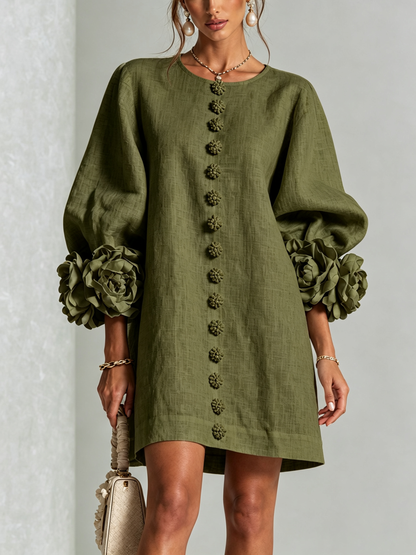 Gaia | Vestido Mini de Mezcla de Lino con Puños en Rosa, Verde Oliva