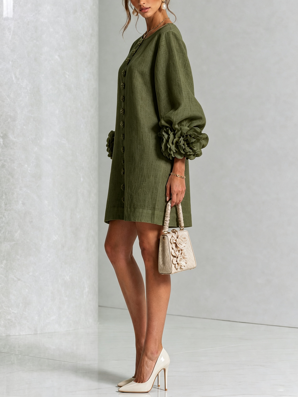 Gaia | Vestido Mini de Mezcla de Lino con Puños en Rosa, Verde Oliva