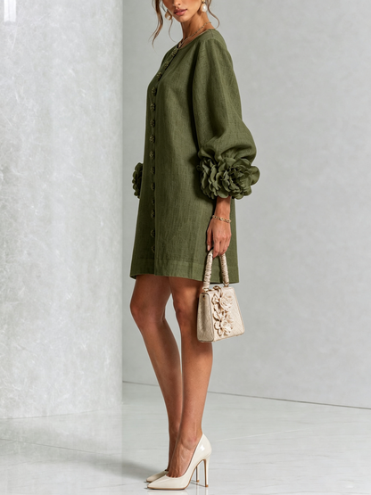 Gaia | Vestido Mini de Mezcla de Lino con Puños en Rosa, Verde Oliva