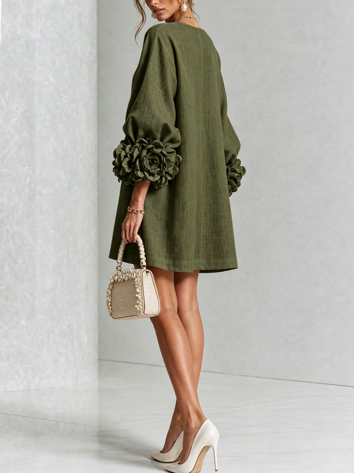 Gaia | Vestido Mini de Mezcla de Lino con Puños en Rosa, Verde Oliva