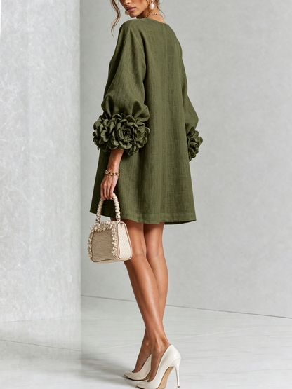 Gaia | Vestido Mini de Mezcla de Lino con Puños en Rosa, Verde Oliva