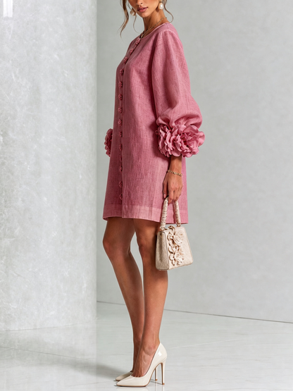 Alba | Vestido Mini en Mezcla de Lino con Puños de Rosa, Rosa Antiguo