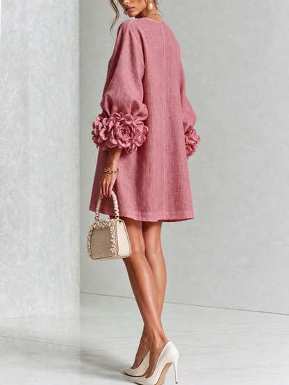 Alba | Vestido Mini en Mezcla de Lino con Puños de Rosa, Rosa Antiguo