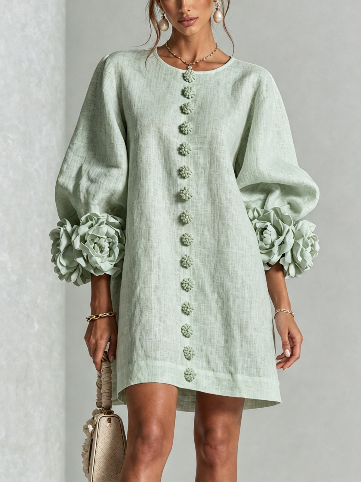 Delia | Vestido Mini en Mezcla de Lino con Puños en Rosa, Verde Salvia